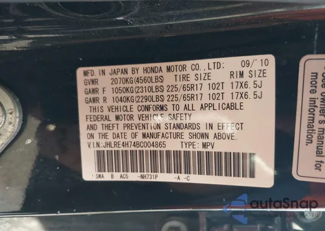 2011 Honda Cr-V Ex-L z USA, uszkodzony, nr VIN JHLRE4H74BC004865